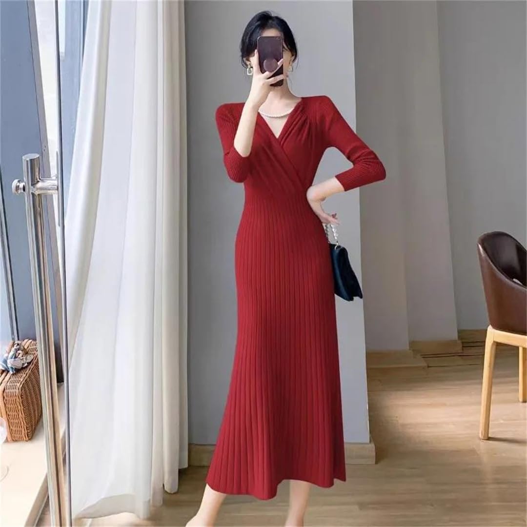 Abito da donna con scollo a V, lavorato a maglia, stile retrò, per feste
