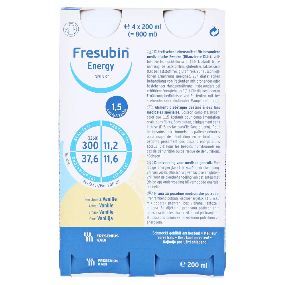 FRESUBIN Energy Drink, 300kcal pro Trinkflasche, 6 x 4 x 200ml (Vanille) ohne Trinkhalm