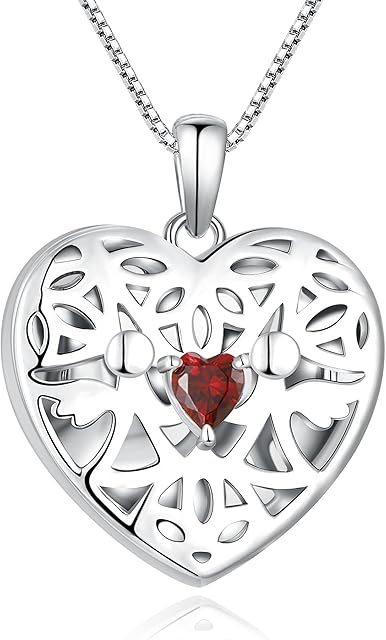 FJ Necklaces for Women Guardian Angel Necklace 925 Sterling Silver Angel Locket with Birthstone Cubic Zirconia Jewellery Gifts for Women Girls