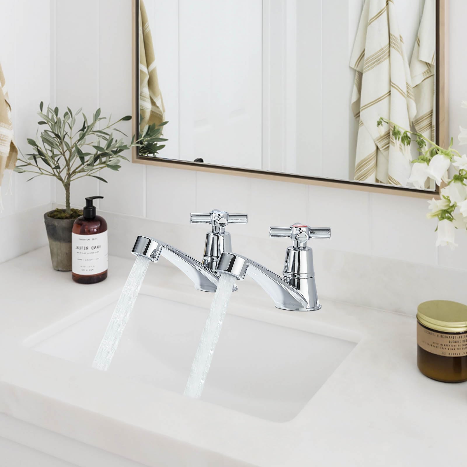 Hevenaov Basin Pillar Taps Pair Bathroom Sink Taps Victorian Traditional Chrome Cross Lever Two Wash Bathroom Faucet 2 Holes Mono Hot and Cold Water G1/2 - Image 2