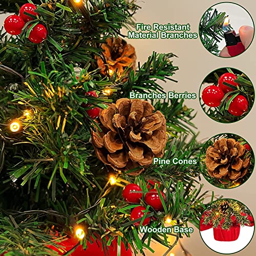 [ 2 Pack & Timer ] 24 Inch / 2 Ft Preilt Christmas Tree Tabletop Decor 50 Lights Star Artificial Xmas Tree Pinecone Balls Red Berries Battery Operated Christmas Decorations Indoor Home (Warm White) #TOP1