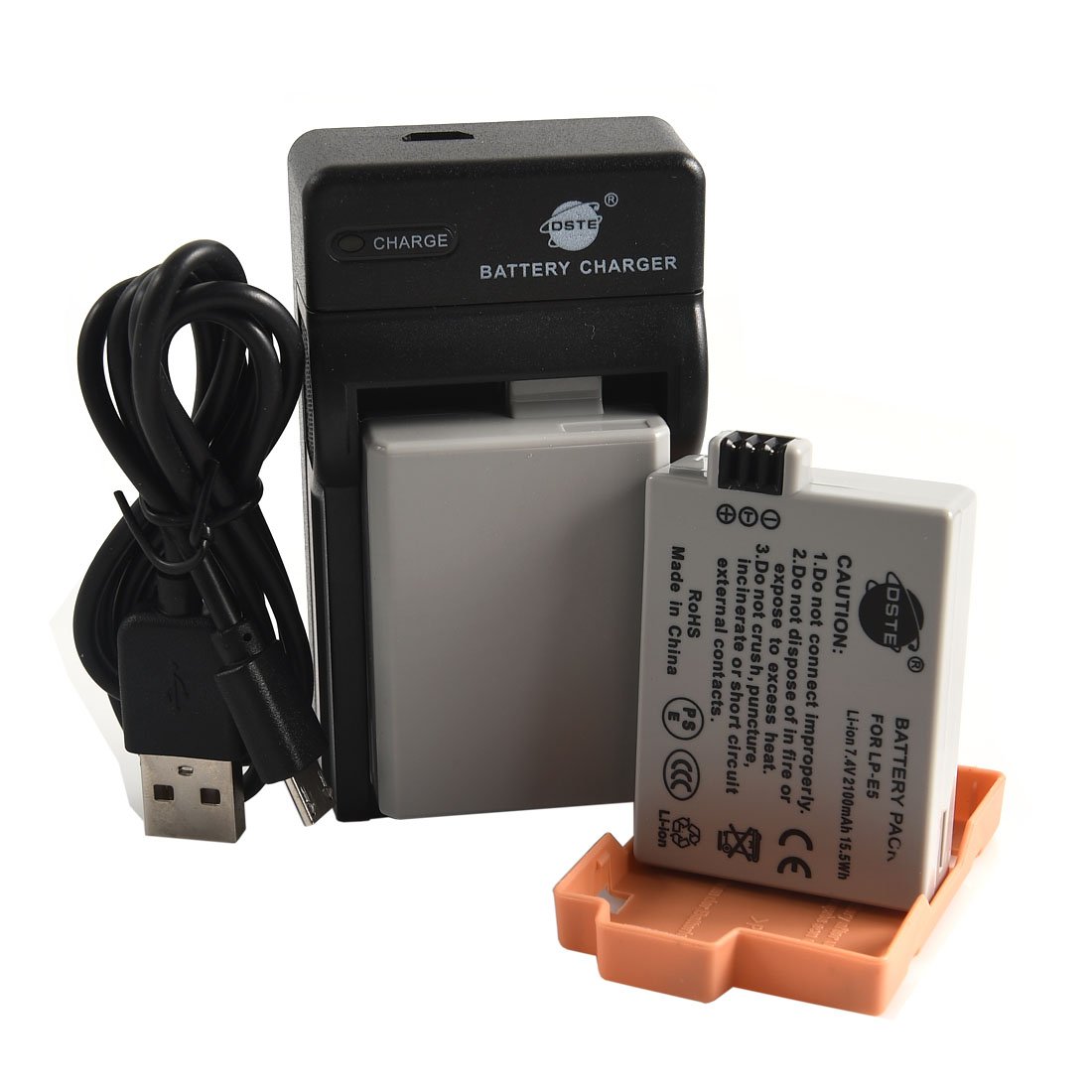 DSTE LP-E5 Li-ION Batterie (2-Pack) et Chargeur USB Costume pour Canon EOS 450D 500D 1000D Kiss F X2 X3 Rebel XS XSi T1i