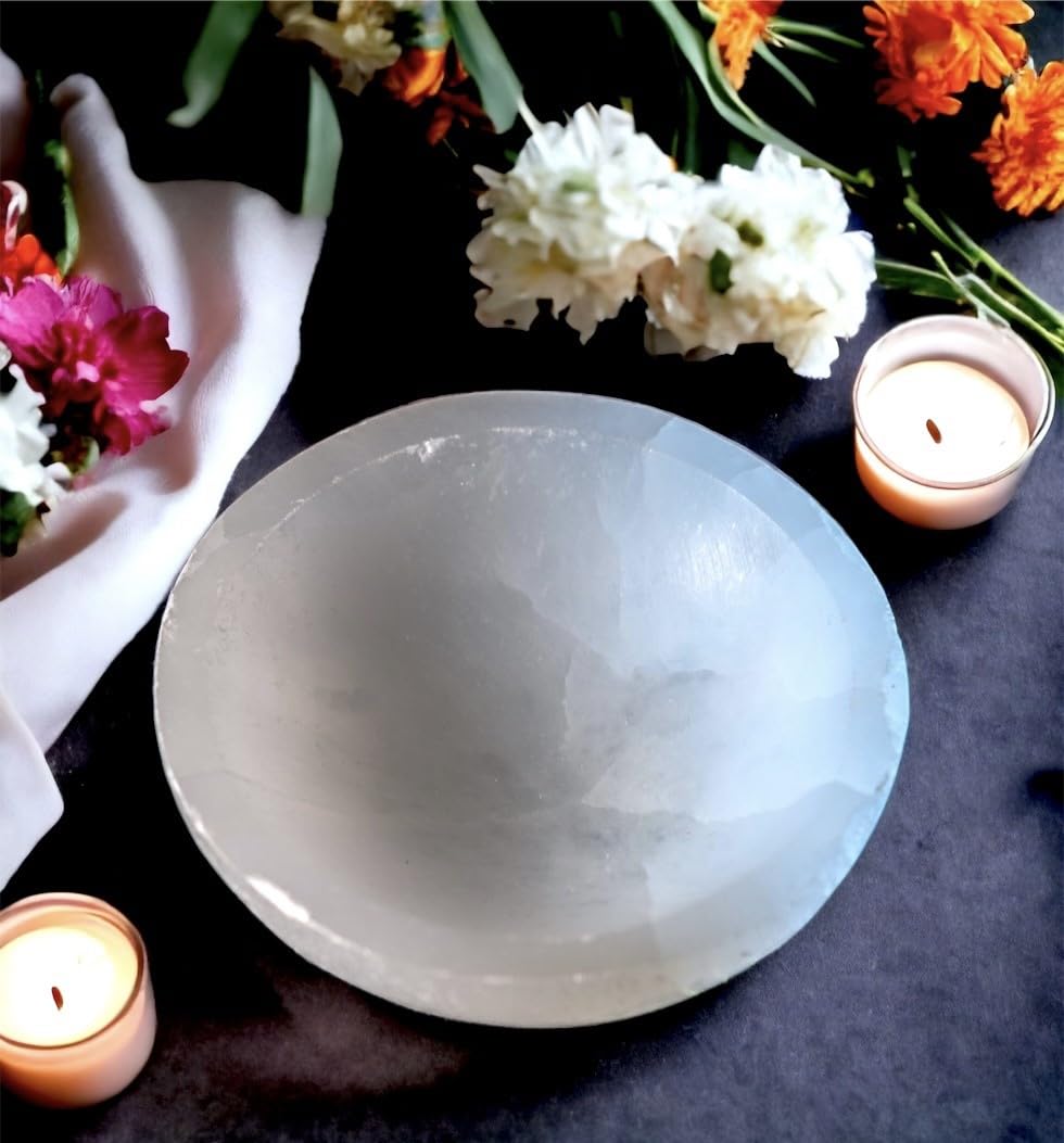 4All Bol de nettoyage rond en cristaux de sélénite - Pierre de sélénite super naturelle - Outil de méditation - Fait à la main - 8 cm
