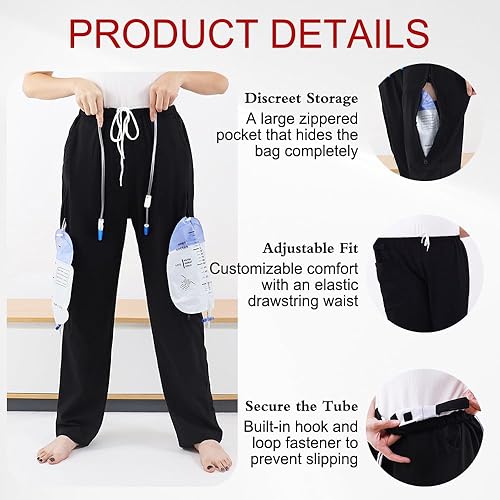 Miniatura 3 de Pantalones de catéter para hombres y mujeres, pantalones con soporte para bolsa de pierna de orina con bolsillos dobles con cremallera para dos