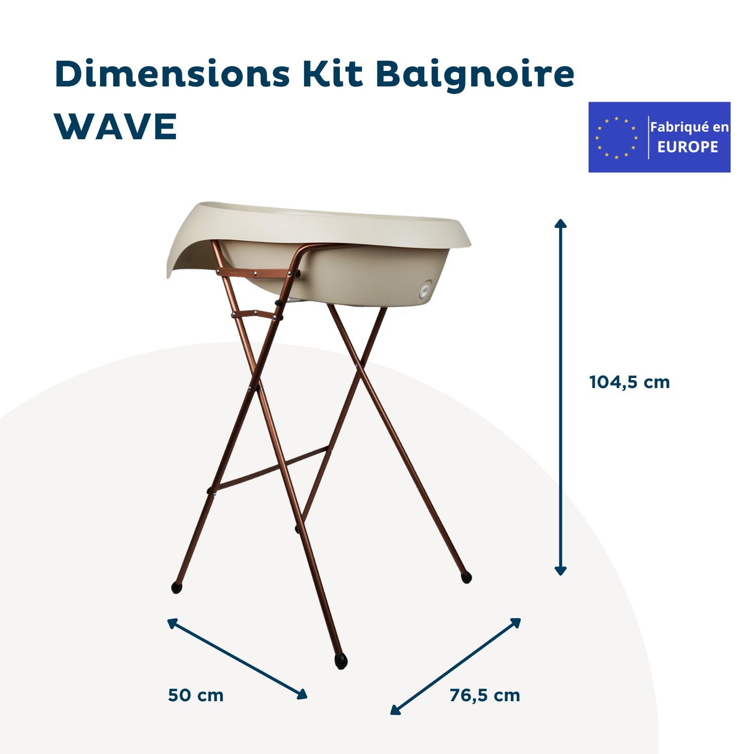 THERMOBABY – Kit de bañera para bebé, bañera de hidromasaje, pie de cobre y manguera de drenaje – plegable y estable – Fabricado en Europa – Beige