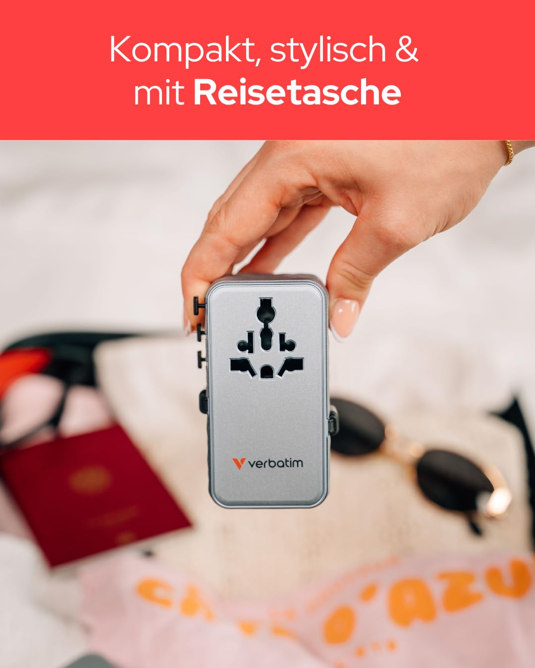 Verbatim GaN - Adattatore da viaggio 70 W, blu, con 2 cavi integrati e USB-C, USB-A, 2 connettori USA/JP, caricatore rapido universale per laptop, smartphone e molto altro ancora, utilizzabile in