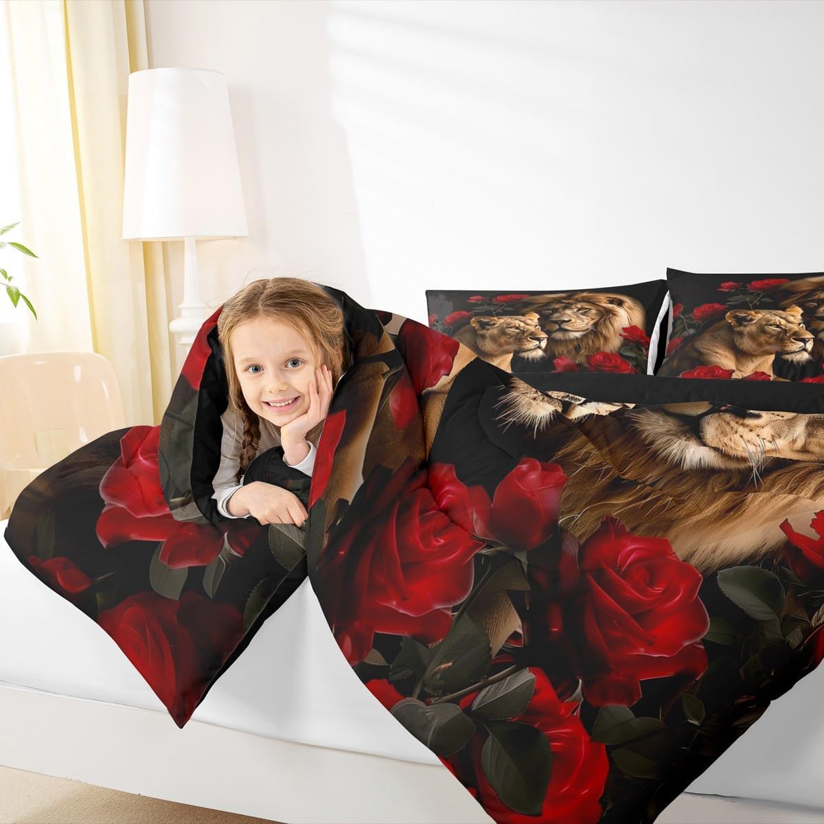 jejeloiu Lion Comforter Set Twin Size Rose Lion Bedding Set for Kids Boys Girls Safari Print Duvet Quilt 3D Wild Animal Pattern Bedroom Decor Microfiber 2 Pcs with 1 Pillow Cases - Image 7