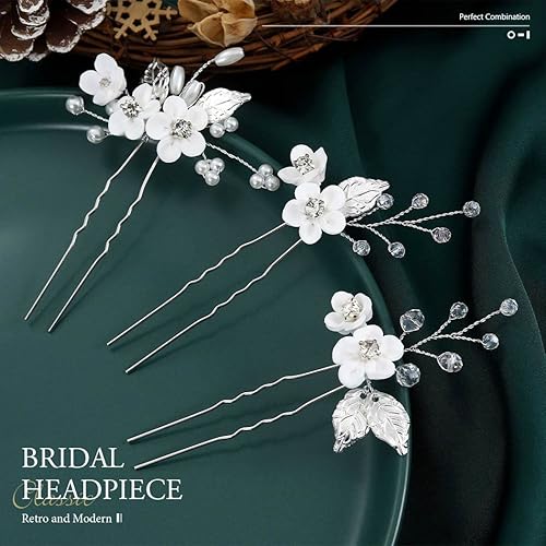 Miniatura 3 de Unicra Alfileres de pelo de novia de plata con diseño de flores de novia, tocado de perlas y diamantes de imitación, accesorios para el cabello para