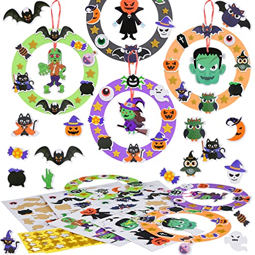 WEDNOK 8 Pack Kits de Manualidades de Corona de Halloween DIY Creativo Decoraciones Set con Bruja Calabaza Búho Murciélago Araña Patrón Diseño para Niños Niñas Fiesta Actividades Adorno Cover