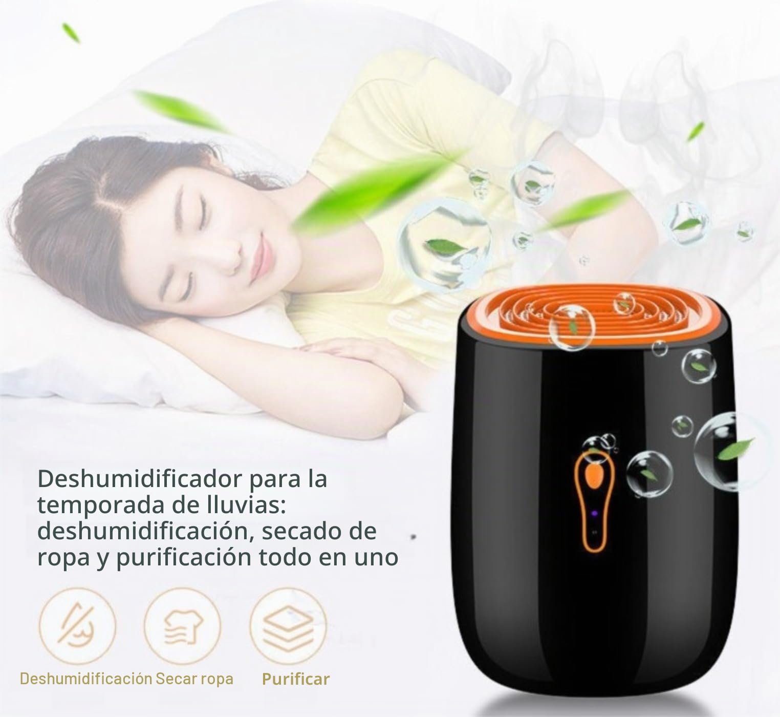 Deshumidificador portátil con tubo de drenaje, negro y naranja, apagado automático, sistema de purificación 3 en 1 para temporada de lluvia, drenaje continuo