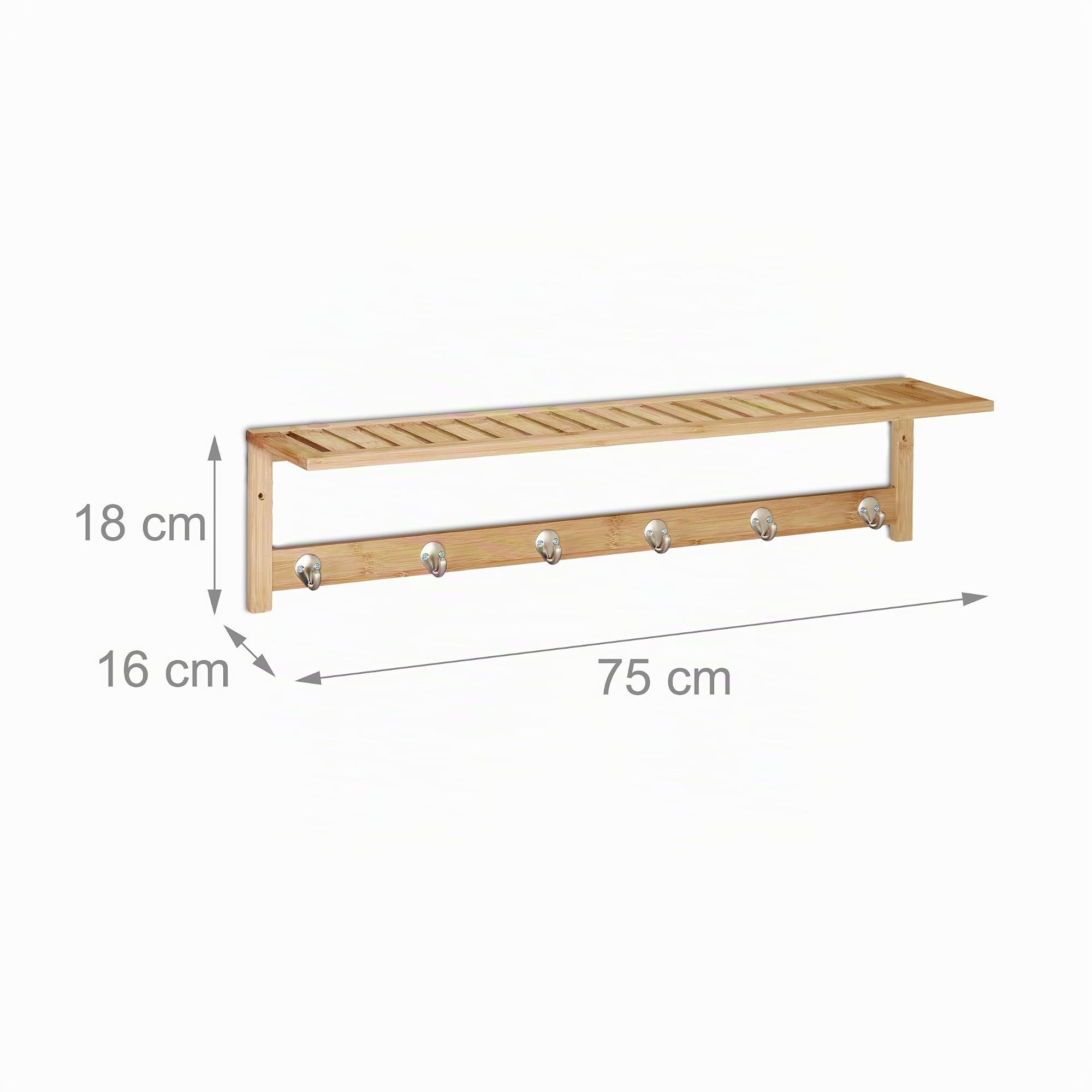 Relaxdays Perchero de Pared con Estante, 6 Ganchos, Baño y Pasillo, Estrecho, Bambú, 18 x 75 x 16 cm, Toallero, Natural