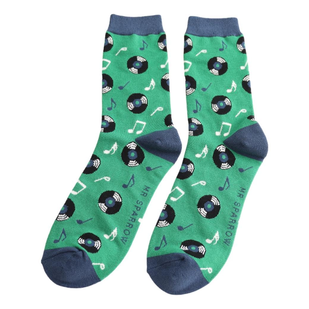 Mr Sparrow Vinyl Records on Green Mens Novelty Ankle Socks Adult One Size