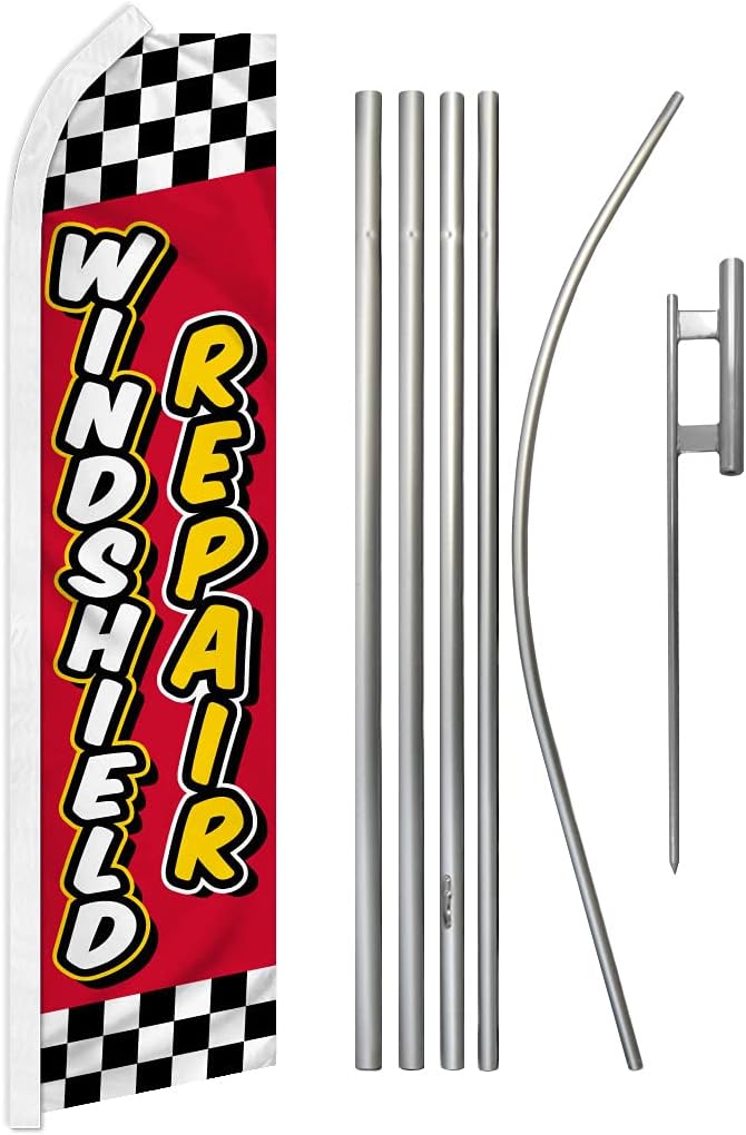 Windshield Repair Red & Yellow Swooper Advertising Flag & Pole Kit - Perfect for Performance Shops, Mechanics, Auto Repair, Tuning Shops