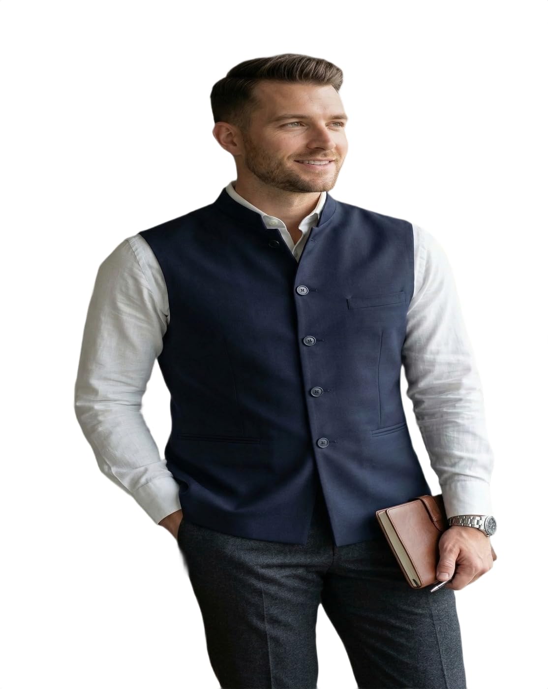 Men’s Ethnic Nehru Jacket in Royal Navy | Stylish Festive Modi Coat for Diwali, Eid, and Indian Weddings | Breathable Cotton Blend Sleeveless Waistcoat-picture-11