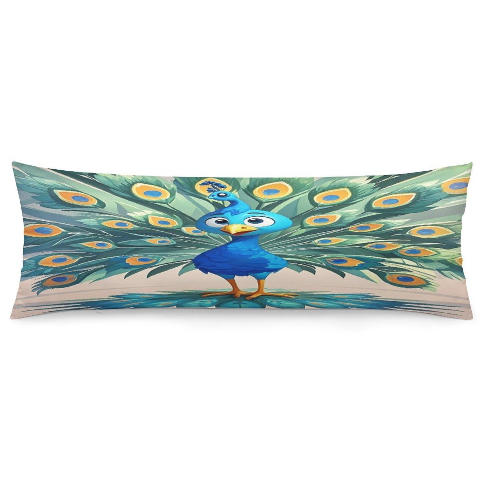Cartoon Blue Peacock Pillowcase Long Body Pillow Cover Soft Decorative Body Pillow Case Breathable Large Pillowcase Cute Cozy Pillow Protector for Bed Sofa Couch Room 18.9 X 53 Inch