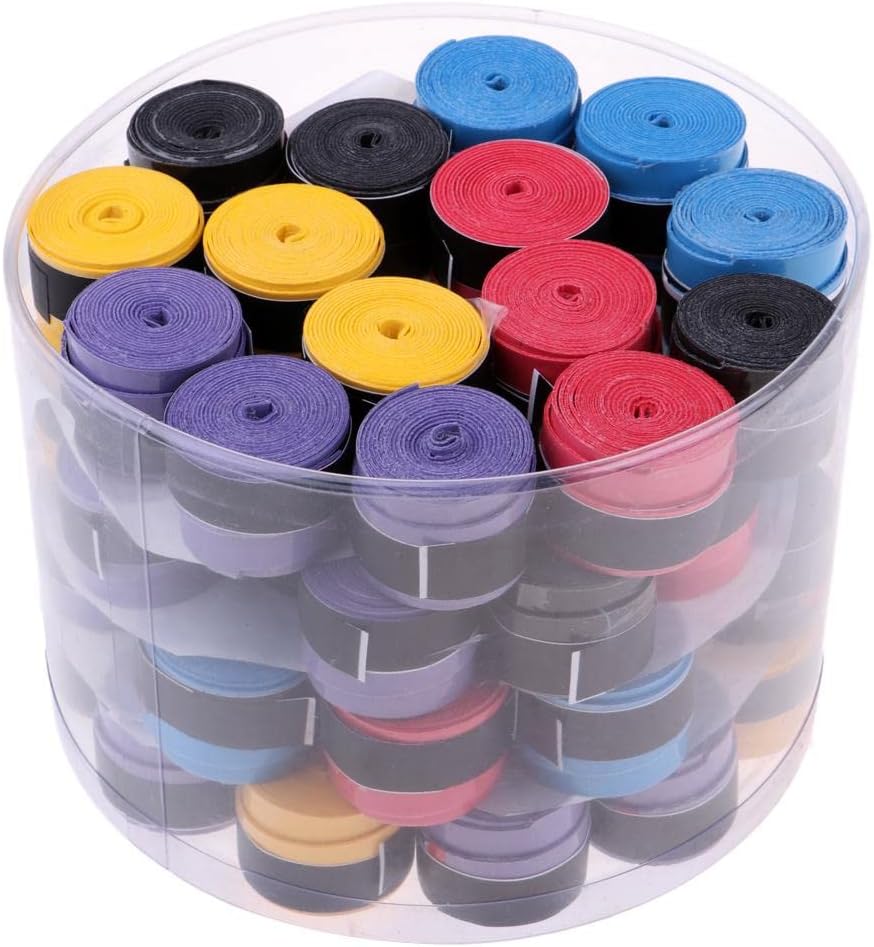 Tennis Racket Grip Sweat Absorption- Box of 60, Suitable for Tennis, Badminton, Squash, Fish Pole, and Bike Handgrip, Breathable Suede PU Material, Multi-Color Options - Multi-Color, as described