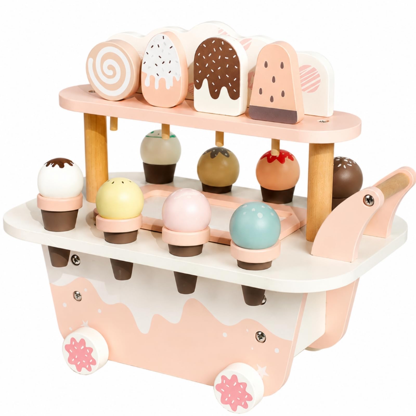 Kinder Rollenspiel Wagen Holz Dessertwagen Eisdiele Spielzeug Verkaufswagen Marktstand mit Spielgeld Und EIS Zubehör Kompakte Tischgröße Und Robuste für Vorschule Kinderzimmer