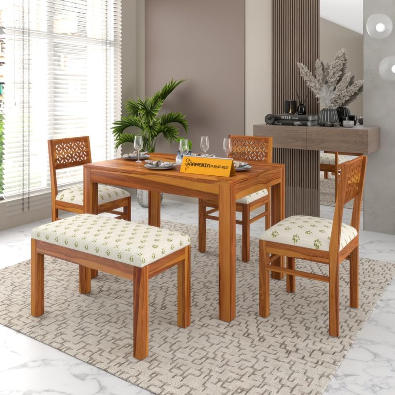 Image of Sheesham Wood 2 Chair with 1 Bench Dining Table Set with Cushioned Chairs for Dining Room | Living Room | Hotels Restaurant (4 Seater with Bench,Printed Honey Finish)