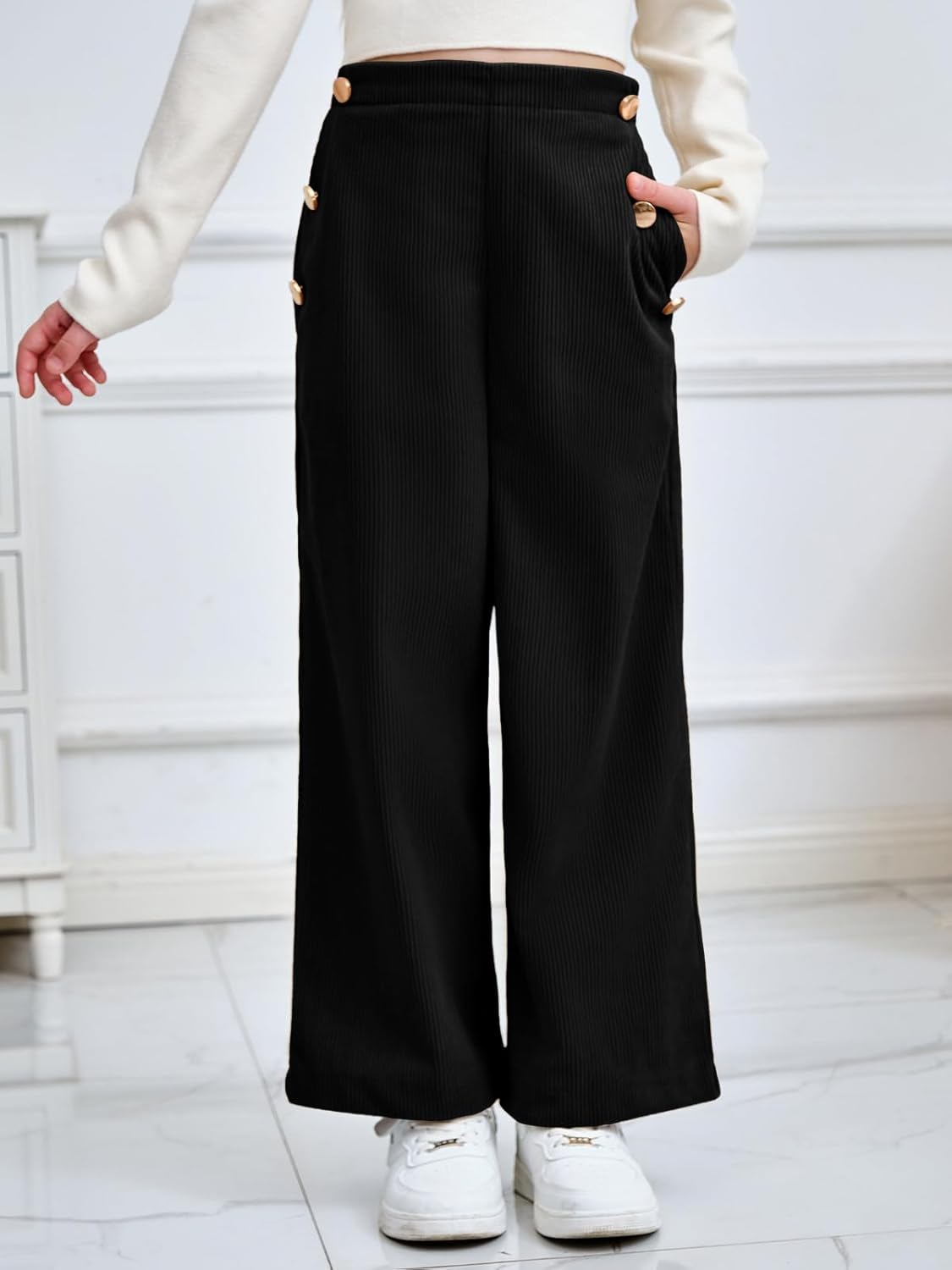 Haloumoning Girls Wide Leg Corduroy Pants Kids Elastic Waist Gold Button Trousers with Pockets 5-14 Years - Image 3