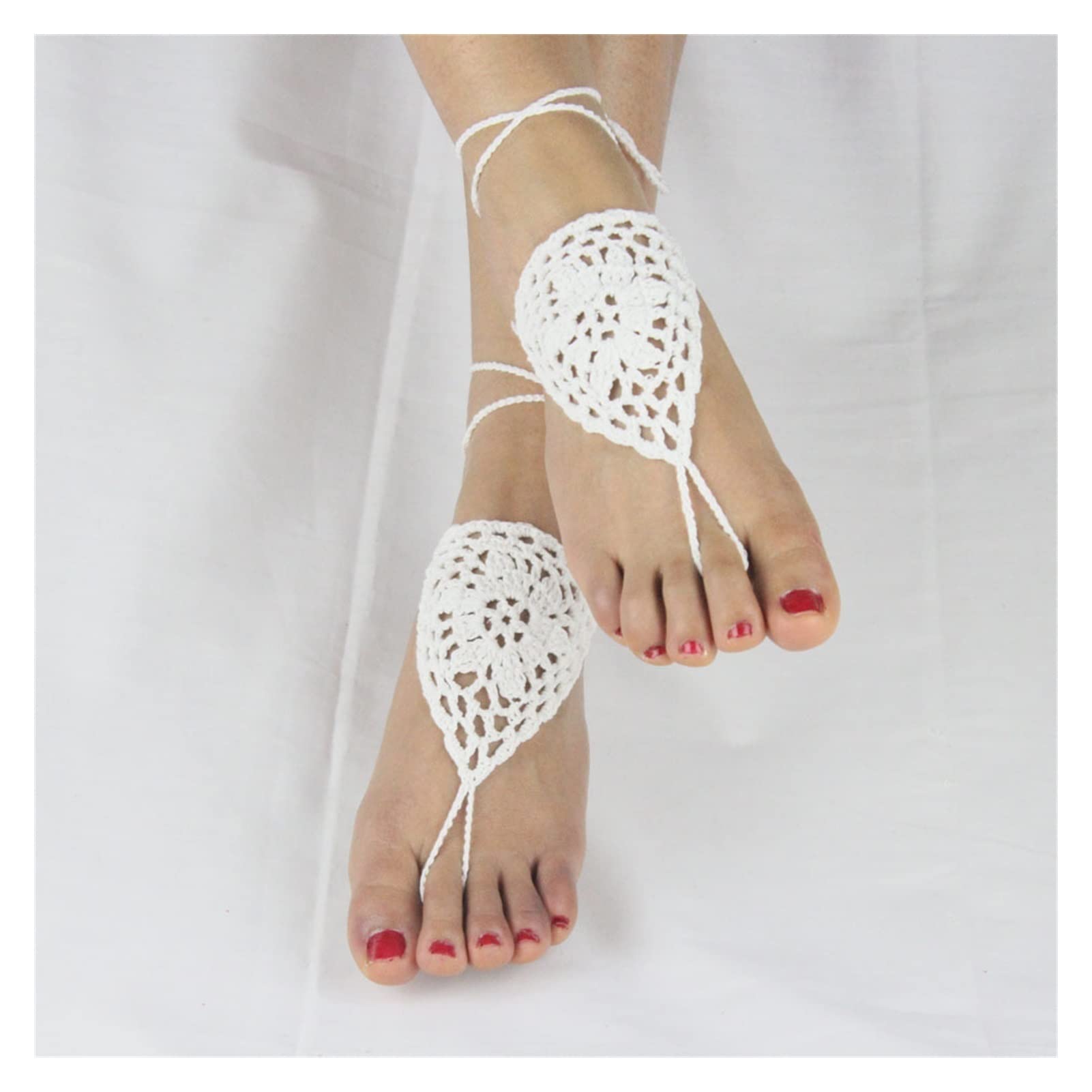 Fußkettchen/Fußkettchen Baumwolle Handhäkeln Barfuß Häkeln Fußkettchen-Häkeln Barfußsandalen-Einheitsgröße Sandalen Zubehör Fußkettchen (Farbe: Blanc)