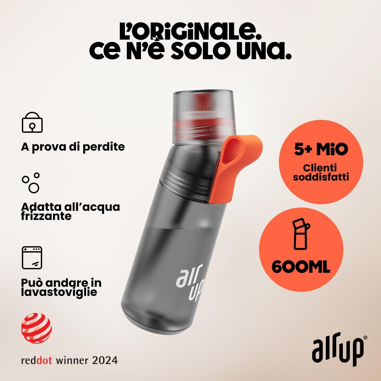 AIR UP Borraccia Twist Pro originale starter pack con cialde 5 gusti I Borraccia da 600ml con aromi senza zucchero I lavabile in lavastoviglie, senza BPA I in grigio