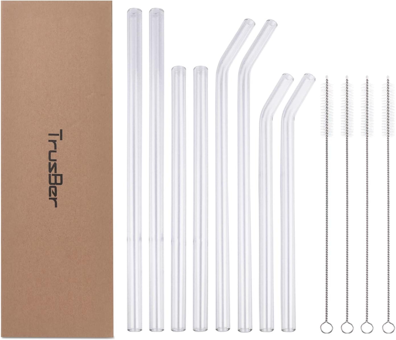TRUSBER Clear Glass Straws, Thin Reusable Drinking Straws for Water Smoothies Coffee Tea, Elders & Kids Friendly, 10 & 8 Inches, Non-toxic(Pack of 4 Straight Straws + 4 Bent Straws + 4 Brushes)