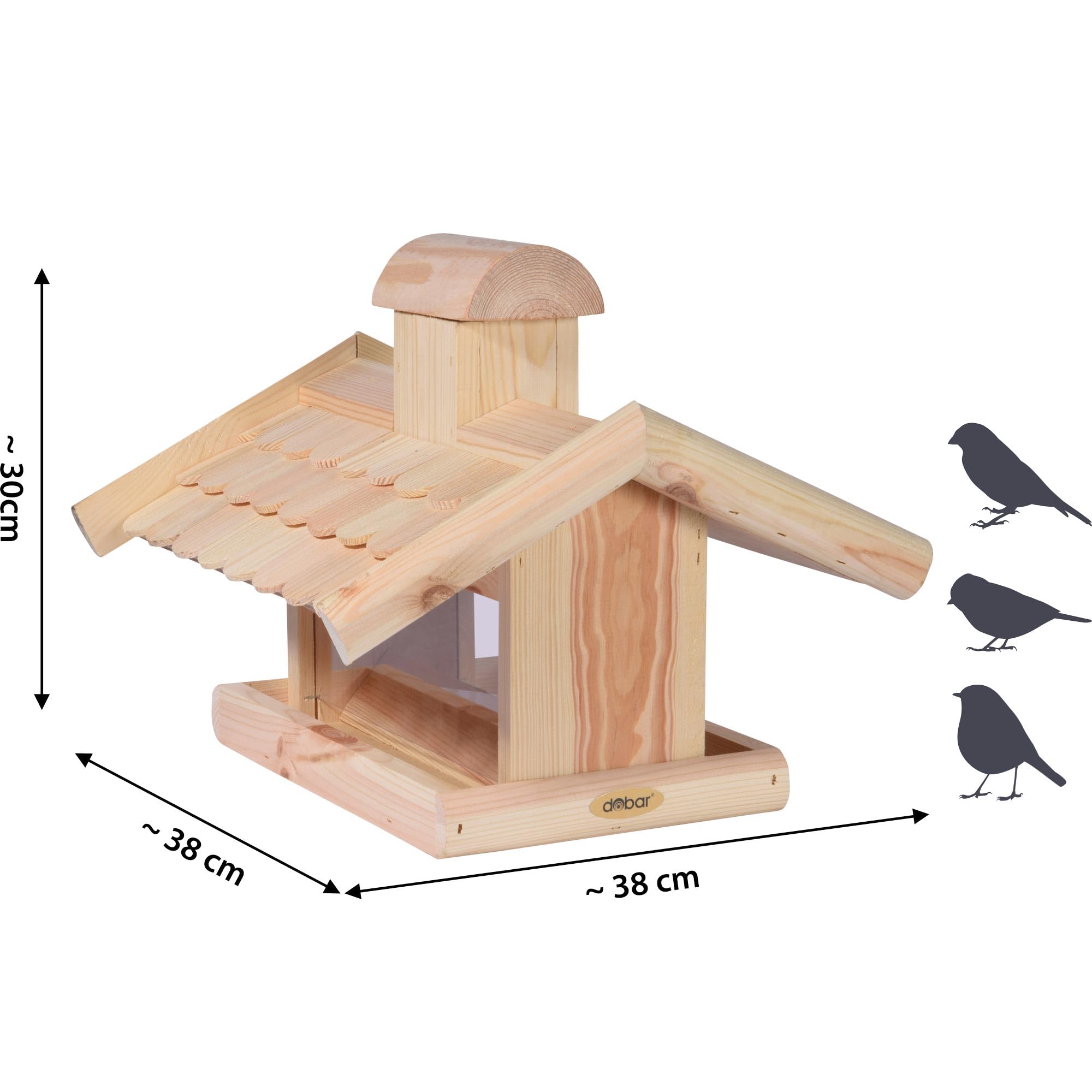 dobar® 21277e Großes Vogelfutterhaus mit Futtersilo - Vogelhaus aus Massivholz - Vogelvilla mit Holzschindeldach - Vogelfutterstation für Ständermontage - 38 x 38 x 30 cm - Natur