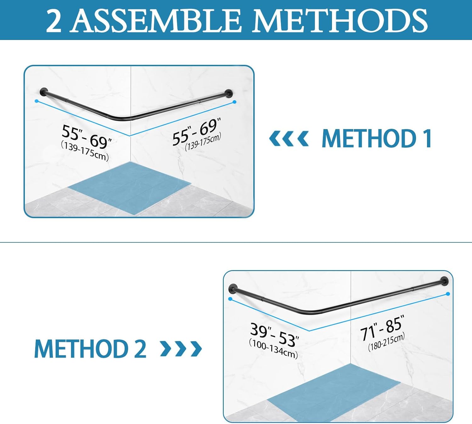 L Shaped Shower Curtain Rod, [39"-53"] x [71"-85"] Adjustable Corner Shower Curtain Rod, No Sagging Black Corner Shower Rod with 12 Ring Hooks & Ceiling Support for Bathroom, Bathtub
