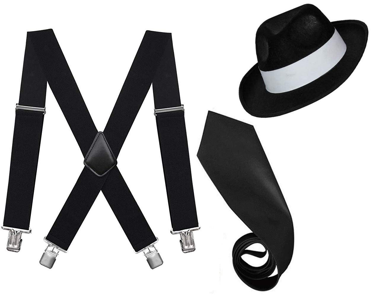 Golden Beads MEN GANGSTER HAT TIE BRACES SET FELT TRILBY AL CAPONE 1920's FANCY DRESS (White, B.Braces+B.Hat+B.tie)