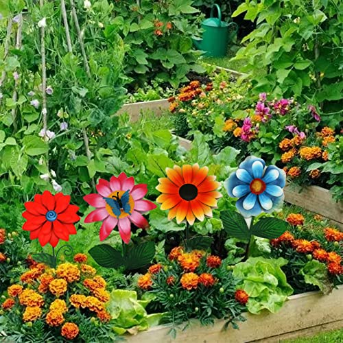 Aboxoo 4 Pack Flower Garden Stakes Decor, Outdoor Metal Colorful Sunflowers Daisy Shaking Head Yard Art, Rust Proof Metal Flower Stick, Indoor Outdoor Pathway Patio Lawn Decorations #TOP2