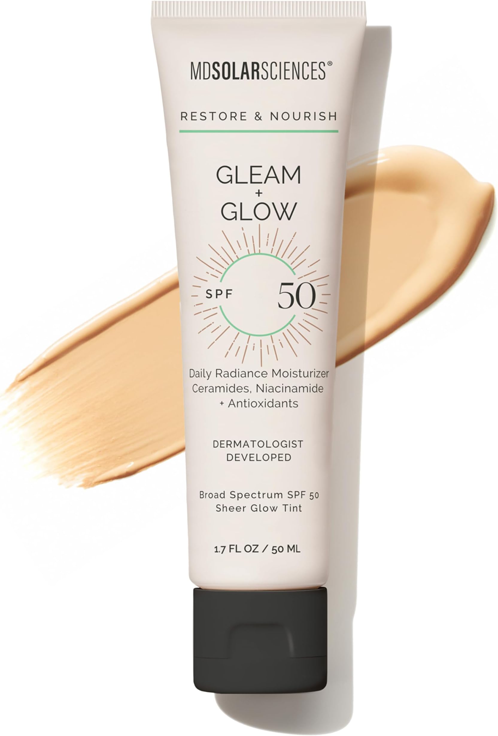 Gleam + Glow Sunscreen SPF 50 | Sheer Glow Tinted Moisturizer with Broad Spectrum UV Protection | Infused with Antioxidants, Ceramides & Vitamin C | Safe for Sensitive Skin (1.7 Fl Oz)