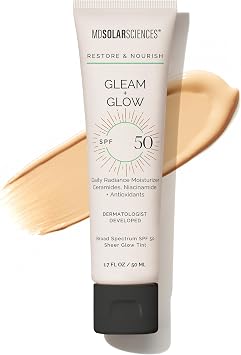 MDSolarSciences Gleam + Glow Sunscreen SPF 50 | Sheer Glow Tint Moisturizer for Broad Spectrum UV Protection | Formulated with Antioxidants, Ceramide and Vitamin C | Safe for Sensitive Skin 1.7 Fl Oz