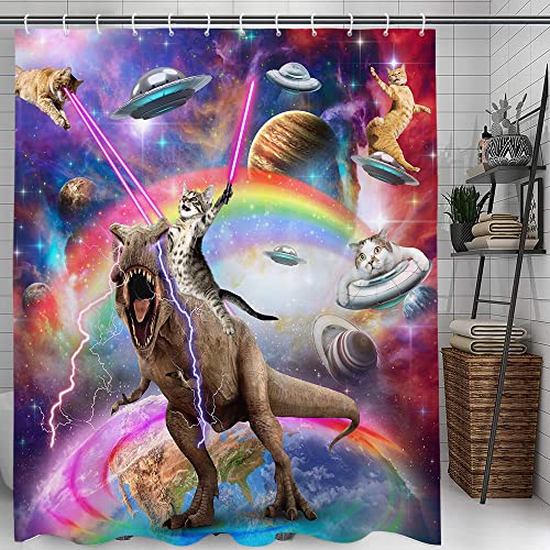 Image of Funny Cat Shower Curtain Boys Kids Bathroom Decor, Cool Riding Dinosaur On Fantasy Galaxy Hilarious Curtain, Funky Outer Space Universe Anime Fabric with 12PCS Hooks, 70X84IN