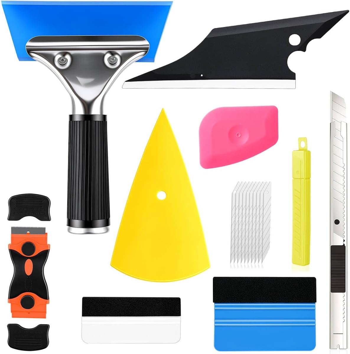 Car WindowTint Kit, 9PCS Vehicle Glass Protective Film Wrapping Installation Set, Auto Vinyl Wrap Tinting Tools Included Vinyl Squeegee, Felt Squeegee, Cutter with Replacement Blades