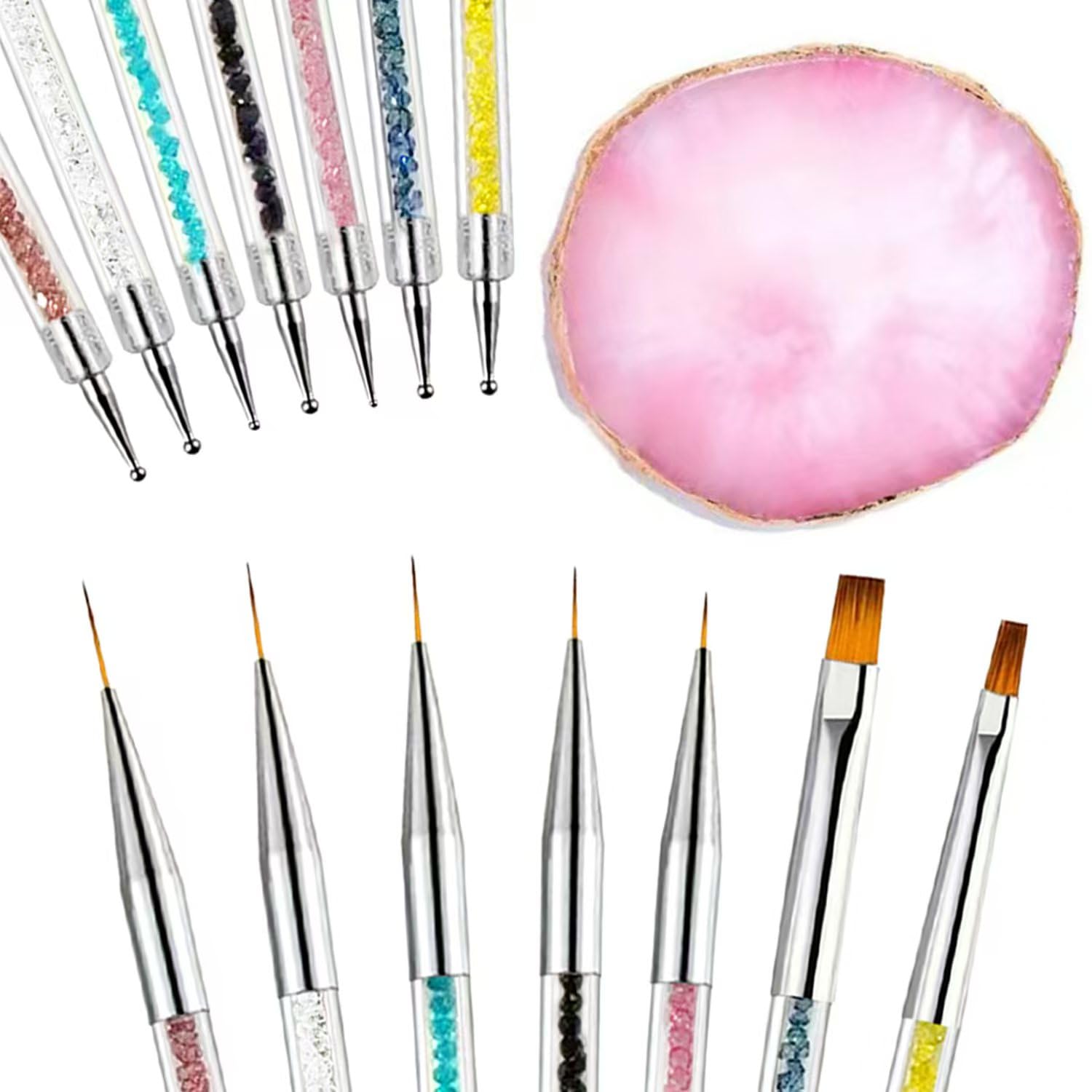 Nagelkunst-Pinsel-Set mit doppelseitigem Strassgriff, 8-teilig, mit rosa Harz-Palette, professionelle 2-in-1-Liner- und Detail-Pinsel für Gel-Nagellack, Maniküre, Nagelkunst-Malerei und Farbmisch-Set