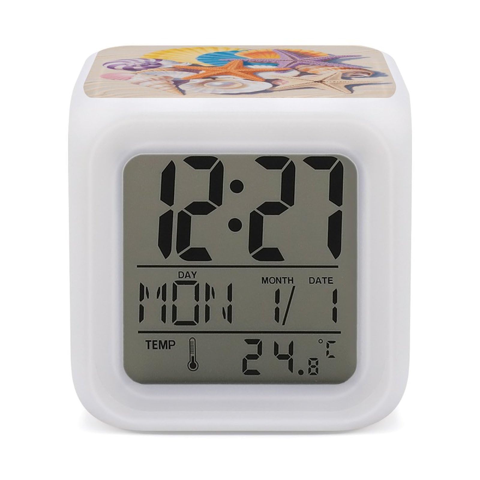 7 Color Ambient Night Light Cube Battery Operated Colorful Seashell And Starfish Digital Clock with Snooze Temperature LED Digital Alarm Clocks Dimmable Wake Up Light Portable Mood Lamp for Bedroom De
