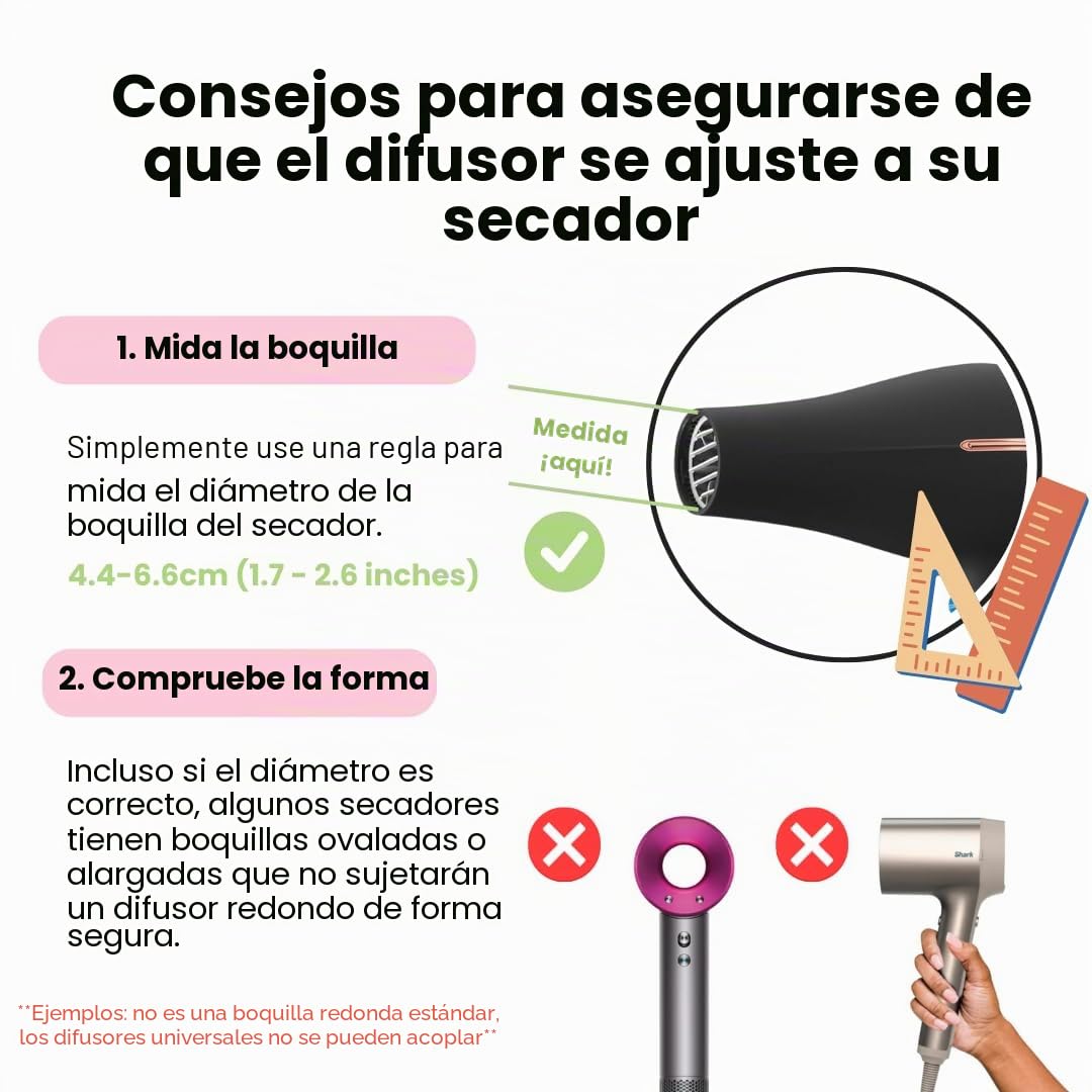 difusor Universal para secadores de pelo con boquilla de diámetro 4,3-6,6 cm, Hair holding fuerte", para pelo rizado u ondulado, para rizos sin frizz (Negro)