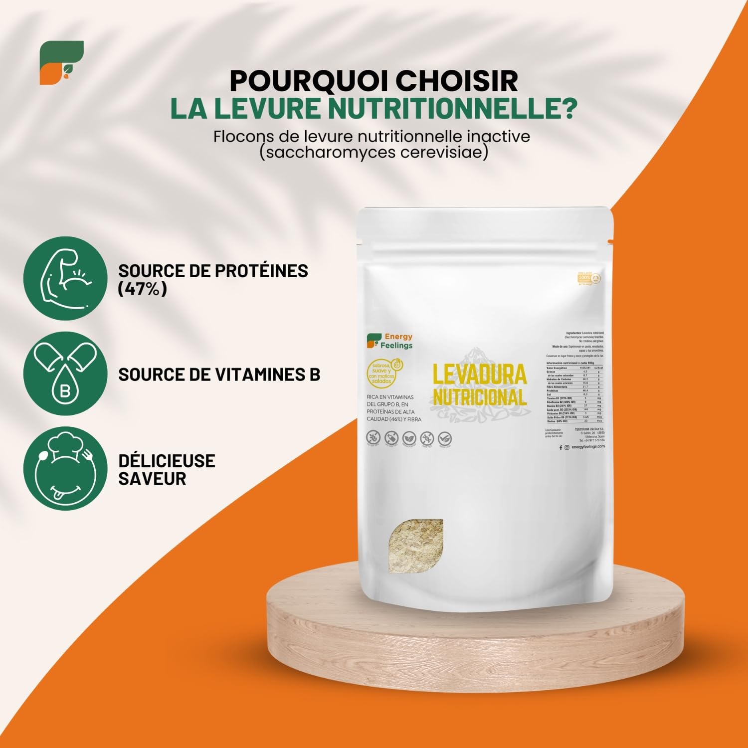 Energy Feelings Levure Nutritionnelle 1kg, Levure Sans Gluten Dietetique, Riche en Vitamines B et en Protéines Sans Sucre 47%, Nutritional Yeast Idéal pour le Fromage Vegan
