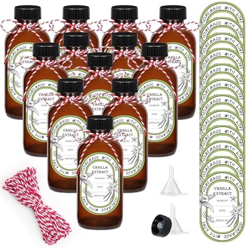 Paquete de 12 botellas de extracto de vainilla de 8 onzas con tapas de cono de poliéster negro y 12 calcomanías de extracto de vainilla, botellas redondas Boston de 8.4 onzas líquidas para extracto de