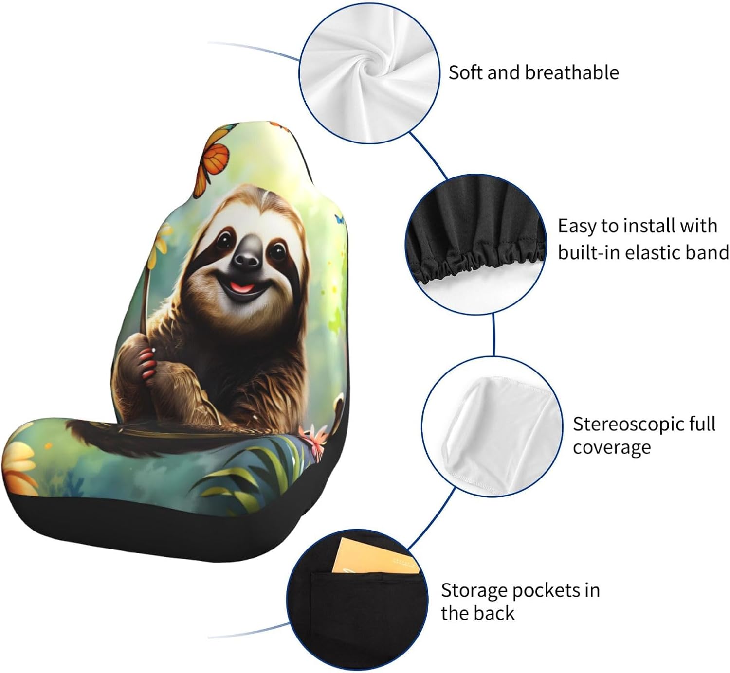 Sloth and Butterflies Car Seat Covers Universal Auto Seat Cushion Protector Automotive Interior Decoration for Cars SUV Truck Sedan
