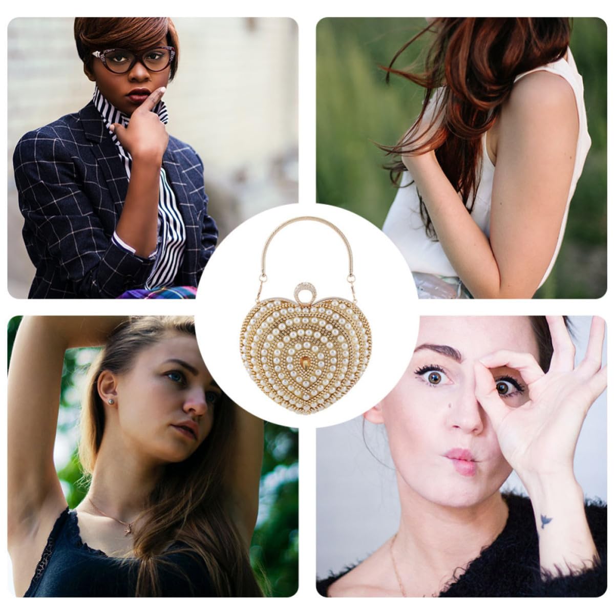 Pochette da Sera Dorata a Forma di Cuore con Cristalli Incastonati, Borsa Elegante in Poliestere e Metallo per Party e Cerimonie, Clutch da Mano Raffinata