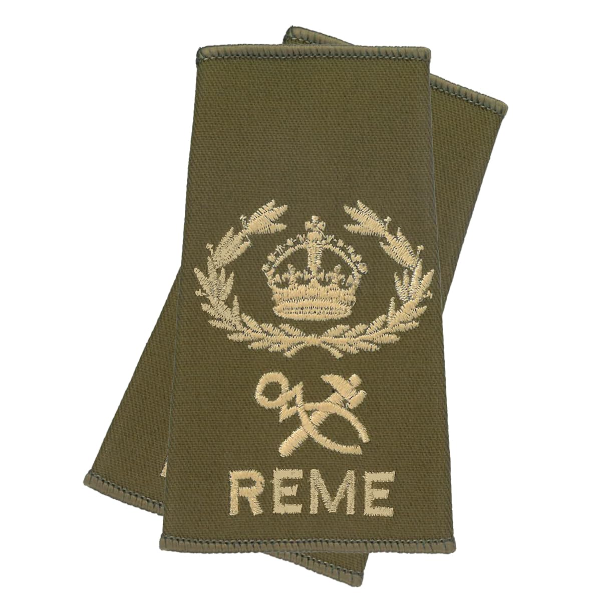 CL Distribution REME WO2 AQMS Rank Slides, King's Crown with Hammer & Tongs, Olive Green, Polycotton, Pair