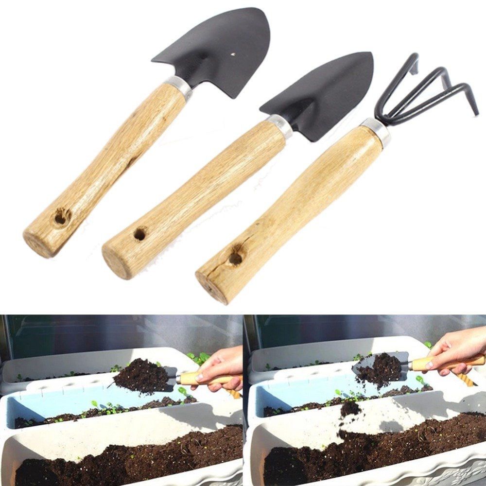 1 Set New Gardening Wooden Handl Metal Rake Shovel Digging Trowel Garden Tools H02