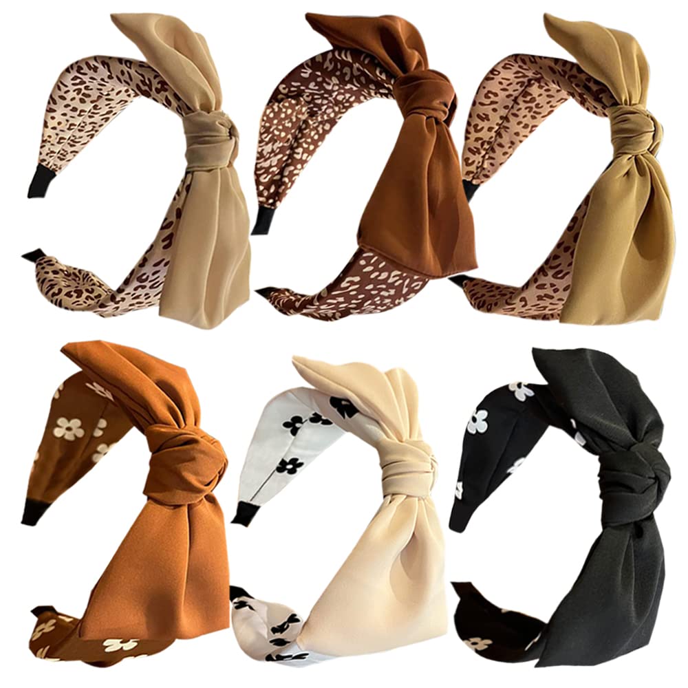 6Pcs Wide Headbands for Women Elastic Fabric Hair Bands Fashion No Slip Cashew Design Hair Hoops Knotted Hair Accessories for Girls (2Leopard)
