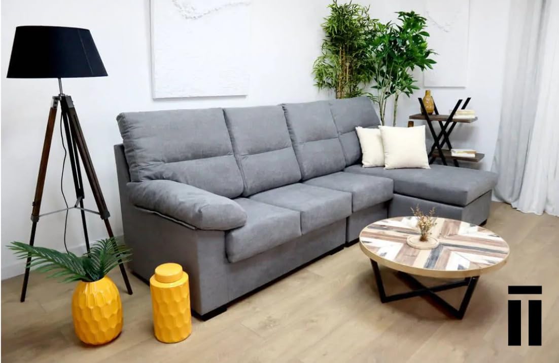 SHIITO | Sofá Cóndor de 4 Plazas con Chaiselongue - Máximo Confort y Relax | Diseño Elegante y Compacto | Fabricado en Madera de Pino y Tablero Aglomerado, Color Gris, 265cm de Ancho