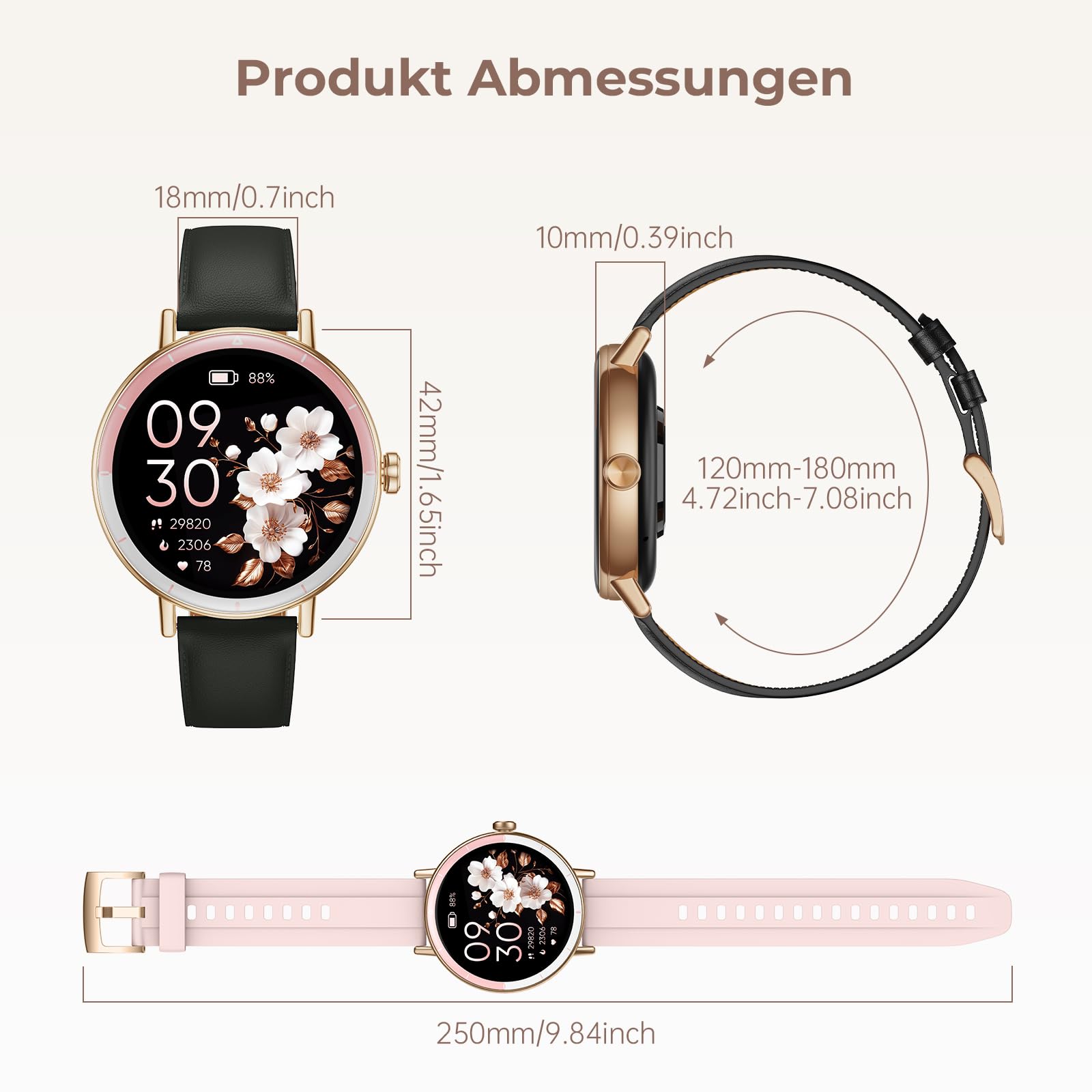 Smartwatch Damen, 1,27 HD Screen Rund Klein Armbanduhr mit Telefonfunktion/Menstruationszyklus/SpO2/Pulsuhr/Schlafmonitor/Schrittzähler/IP68/100+ Sport Fitnessuhr für Android iOS, Gold Schwarz