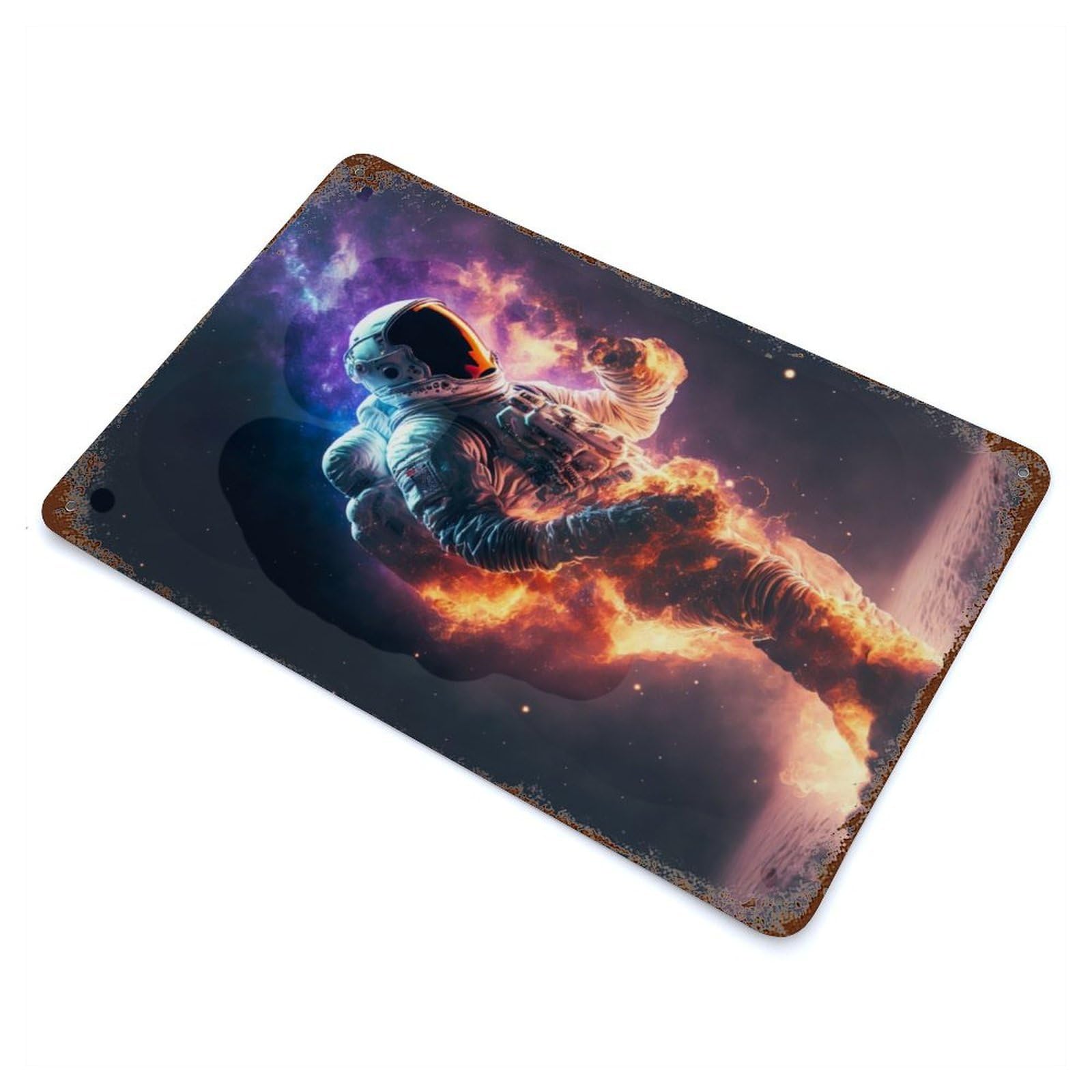 Garage Style Astronaut in Space Flames Vintage Rust Metal Sign 11.8"x7.9", Vintage Wall Decor for Bar And Workshop