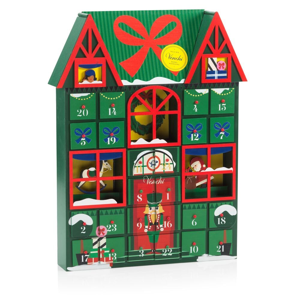 Venchi, Adventskalender 2026 aus Holz, 24 Pralinen, Glutenfrei, 363g | Adventskalender mit Granblend und Cream&Crunchy Pralinen, wiederverwendbare Holzbox, Geschenkidee