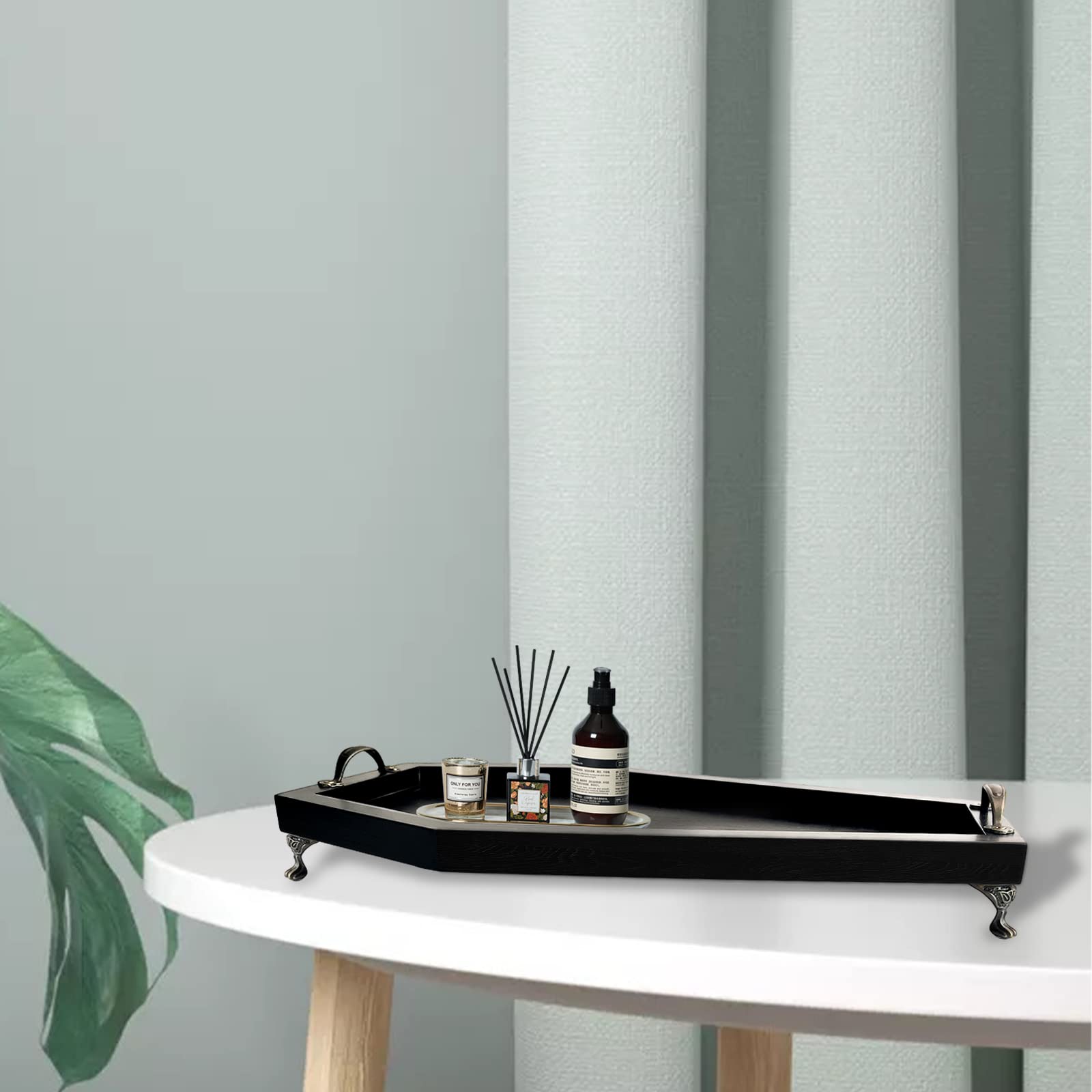 Large Coffin Tray, LIJEPNA Bamboo Gothic Decor for Home, Tray for Essential Oil, Crystal, Jewelry, Skull Mugs, Candles,Halloween Decor,Spooky Decorative Tray, Goth Room Decor, Black Wooden Tray Decor