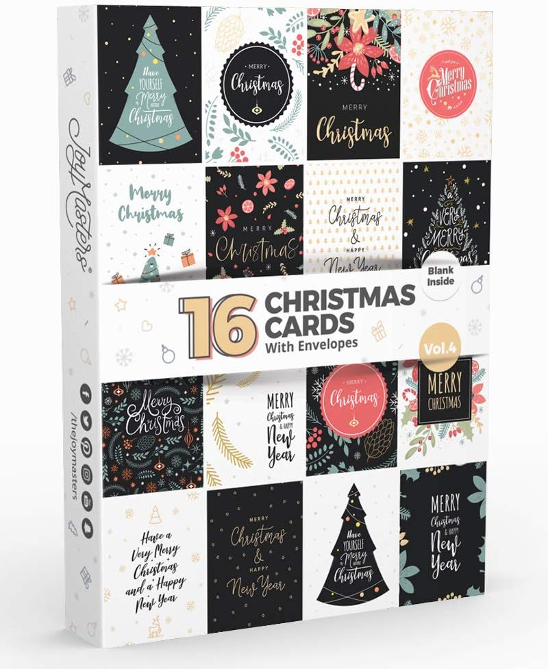 16 x Merry Christmas Cards by Joy Masters™ Vol.4 | Boxed Pack Blank Xmas Greeting Cards for Kids and Adults